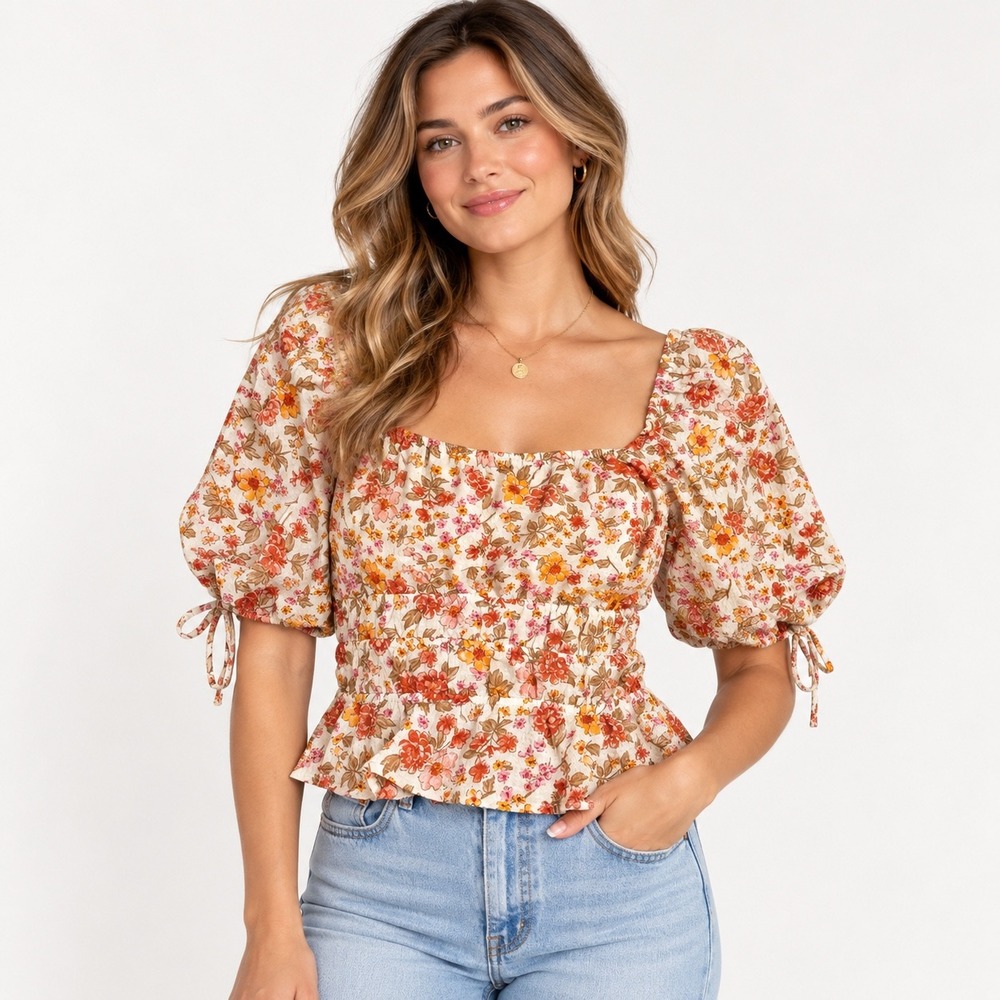 Womens L Floral Cottagecore Fairy Cropped Top Boho Festival Romantic Feminine